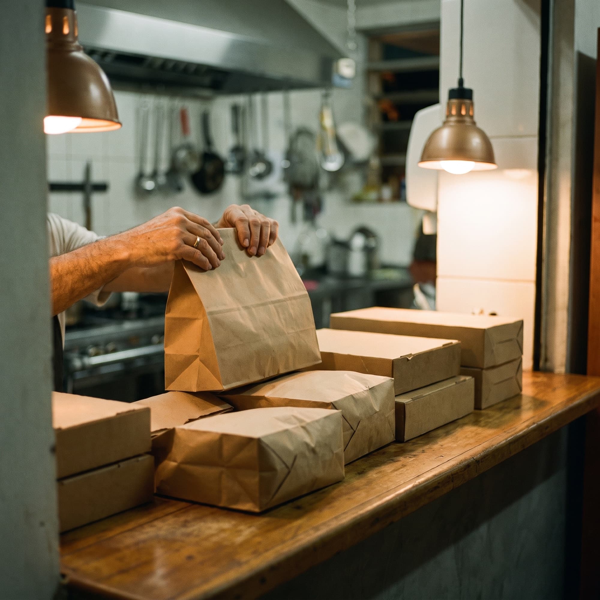 Balcão de madeira com sacos de papel kraft, mãos colocando mais um, cozinha desfocada ao fundo