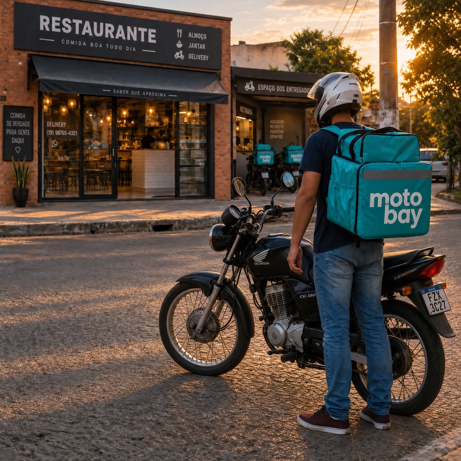 Entregador de capacete e com a bag do Motobay nas costas, em pé ao lado da moto na rua, em frente ao restaurante aceso no fim da tarde