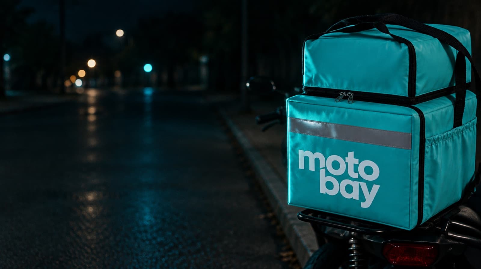 Bag do Motobay na garupa de uma moto, numa rua à noite