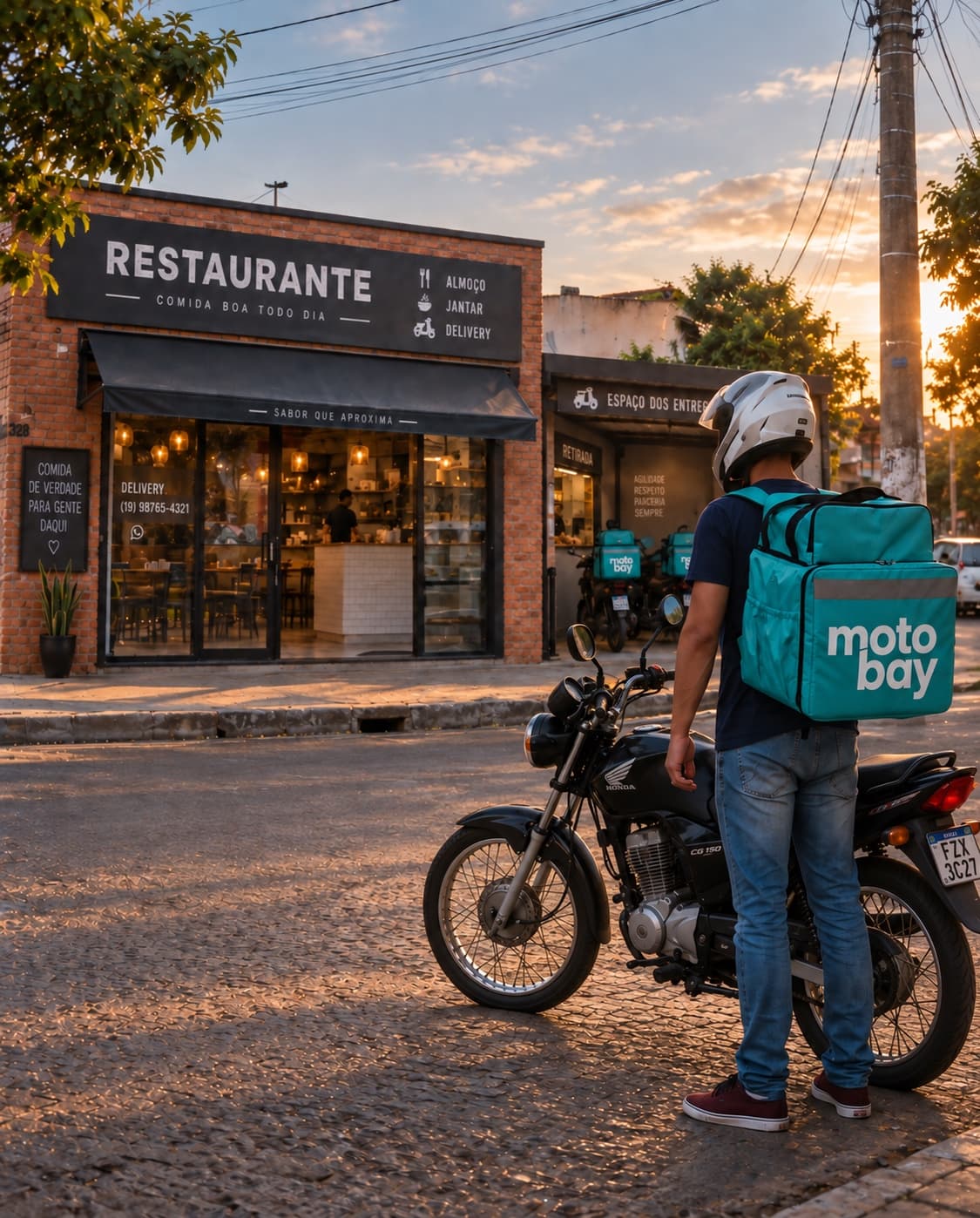 Entregador de costas, de capacete e com a bag do Motobay, ao lado da moto em frente a um restaurante ao fim da tarde