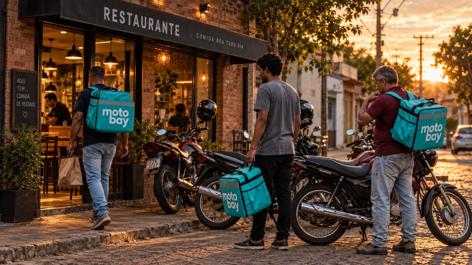 Entregadores com a bag do Motobay conversando ao lado das motos, na porta de um restaurante